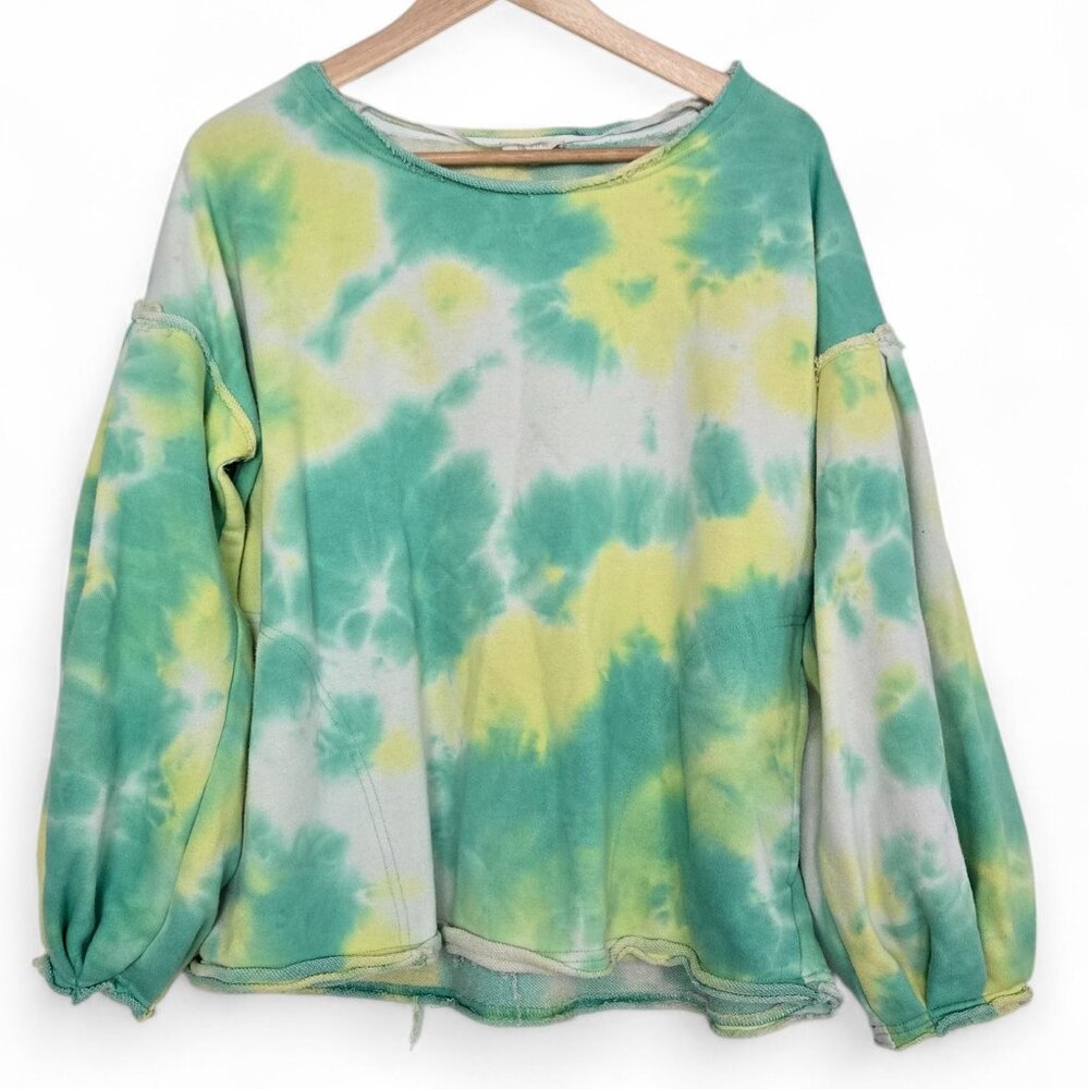 La Miel Tie Dye Terry Balloon Sleeve Sweater Women's Pullover Rolled Raw Hem S